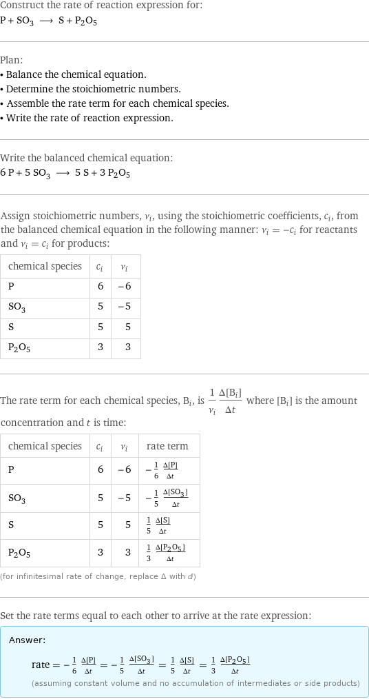 Construct the rate of reaction expression for: P + SO_3 ⟶ S + P2O5 Plan: • Balance the chemical equation. • Determine the stoichiometric numbers. • Assemble the rate term for each chemical species. • Write the rate of reaction expression. Write the balanced chemical equation: 6 P + 5 SO_3 ⟶ 5 S + 3 P2O5 Assign stoichiometric numbers, ν_i, using the stoichiometric coefficients, c_i, from the balanced chemical equation in the following manner: ν_i = -c_i for reactants and ν_i = c_i for products: chemical species | c_i | ν_i P | 6 | -6 SO_3 | 5 | -5 S | 5 | 5 P2O5 | 3 | 3 The rate term for each chemical species, B_i, is 1/ν_i(Δ[B_i])/(Δt) where [B_i] is the amount concentration and t is time: chemical species | c_i | ν_i | rate term P | 6 | -6 | -1/6 (Δ[P])/(Δt) SO_3 | 5 | -5 | -1/5 (Δ[SO3])/(Δt) S | 5 | 5 | 1/5 (Δ[S])/(Δt) P2O5 | 3 | 3 | 1/3 (Δ[P2O5])/(Δt) (for infinitesimal rate of change, replace Δ with d) Set the rate terms equal to each other to arrive at the rate expression: Answer: |   | rate = -1/6 (Δ[P])/(Δt) = -1/5 (Δ[SO3])/(Δt) = 1/5 (Δ[S])/(Δt) = 1/3 (Δ[P2O5])/(Δt) (assuming constant volume and no accumulation of intermediates or side products)