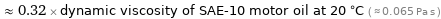  ≈ 0.32 × dynamic viscosity of SAE-10 motor oil at 20 °C ( ≈ 0.065 Pa s )