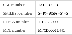 CAS number | 1314-80-3 SMILES identifier | S=P(=S)SP(=S)=S RTECS number | TH4375000 MDL number | MFCD00011441