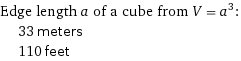 Edge length a of a cube from V = a^3:  | 33 meters  | 110 feet