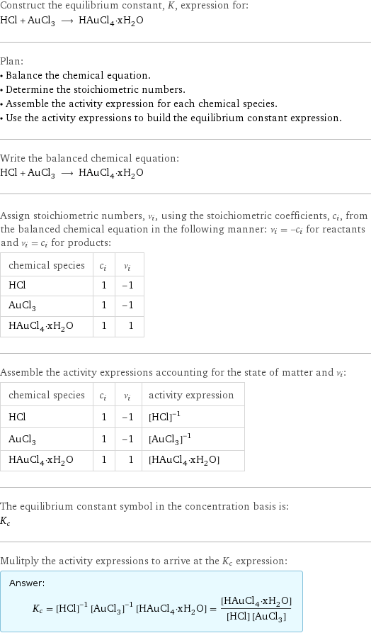 Construct the equilibrium constant, K, expression for: HCl + AuCl_3 ⟶ HAuCl_4·xH_2O Plan: • Balance the chemical equation. • Determine the stoichiometric numbers. • Assemble the activity expression for each chemical species. • Use the activity expressions to build the equilibrium constant expression. Write the balanced chemical equation: HCl + AuCl_3 ⟶ HAuCl_4·xH_2O Assign stoichiometric numbers, ν_i, using the stoichiometric coefficients, c_i, from the balanced chemical equation in the following manner: ν_i = -c_i for reactants and ν_i = c_i for products: chemical species | c_i | ν_i HCl | 1 | -1 AuCl_3 | 1 | -1 HAuCl_4·xH_2O | 1 | 1 Assemble the activity expressions accounting for the state of matter and ν_i: chemical species | c_i | ν_i | activity expression HCl | 1 | -1 | ([HCl])^(-1) AuCl_3 | 1 | -1 | ([AuCl3])^(-1) HAuCl_4·xH_2O | 1 | 1 | [HAuCl4·xH2O] The equilibrium constant symbol in the concentration basis is: K_c Mulitply the activity expressions to arrive at the K_c expression: Answer: |   | K_c = ([HCl])^(-1) ([AuCl3])^(-1) [HAuCl4·xH2O] = ([HAuCl4·xH2O])/([HCl] [AuCl3])