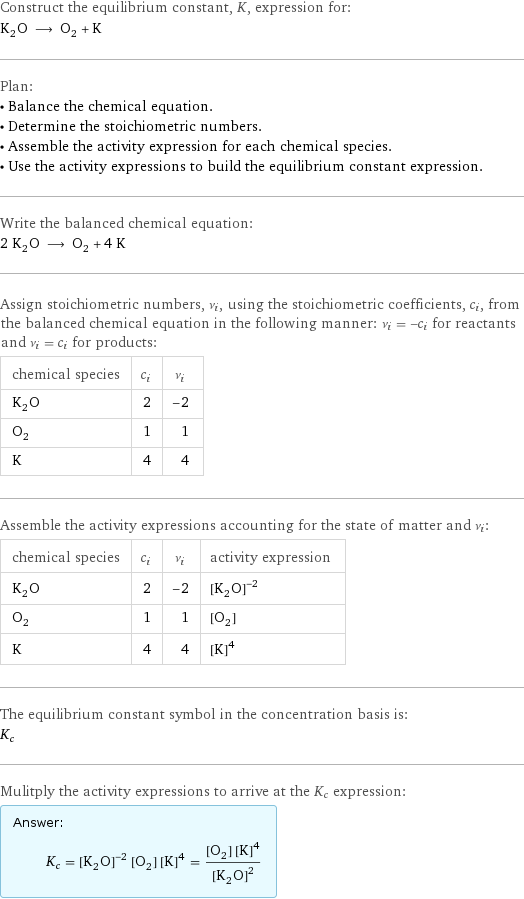 Construct the equilibrium constant, K, expression for: K_2O ⟶ O_2 + K Plan: • Balance the chemical equation. • Determine the stoichiometric numbers. • Assemble the activity expression for each chemical species. • Use the activity expressions to build the equilibrium constant expression. Write the balanced chemical equation: 2 K_2O ⟶ O_2 + 4 K Assign stoichiometric numbers, ν_i, using the stoichiometric coefficients, c_i, from the balanced chemical equation in the following manner: ν_i = -c_i for reactants and ν_i = c_i for products: chemical species | c_i | ν_i K_2O | 2 | -2 O_2 | 1 | 1 K | 4 | 4 Assemble the activity expressions accounting for the state of matter and ν_i: chemical species | c_i | ν_i | activity expression K_2O | 2 | -2 | ([K2O])^(-2) O_2 | 1 | 1 | [O2] K | 4 | 4 | ([K])^4 The equilibrium constant symbol in the concentration basis is: K_c Mulitply the activity expressions to arrive at the K_c expression: Answer: |   | K_c = ([K2O])^(-2) [O2] ([K])^4 = ([O2] ([K])^4)/([K2O])^2