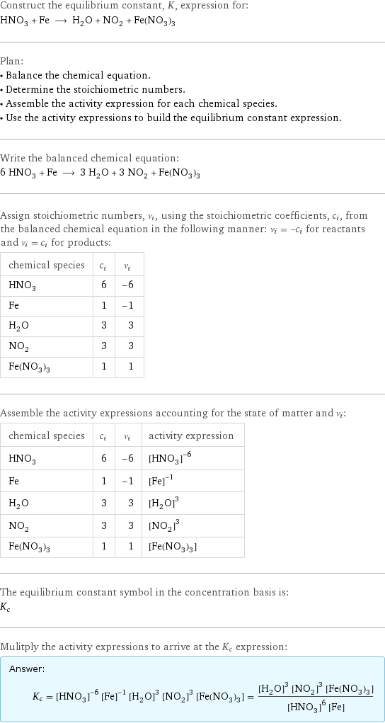 Construct the equilibrium constant, K, expression for: HNO_3 + Fe ⟶ H_2O + NO_2 + Fe(NO_3)_3 Plan: • Balance the chemical equation. • Determine the stoichiometric numbers. • Assemble the activity expression for each chemical species. • Use the activity expressions to build the equilibrium constant expression. Write the balanced chemical equation: 6 HNO_3 + Fe ⟶ 3 H_2O + 3 NO_2 + Fe(NO_3)_3 Assign stoichiometric numbers, ν_i, using the stoichiometric coefficients, c_i, from the balanced chemical equation in the following manner: ν_i = -c_i for reactants and ν_i = c_i for products: chemical species | c_i | ν_i HNO_3 | 6 | -6 Fe | 1 | -1 H_2O | 3 | 3 NO_2 | 3 | 3 Fe(NO_3)_3 | 1 | 1 Assemble the activity expressions accounting for the state of matter and ν_i: chemical species | c_i | ν_i | activity expression HNO_3 | 6 | -6 | ([HNO3])^(-6) Fe | 1 | -1 | ([Fe])^(-1) H_2O | 3 | 3 | ([H2O])^3 NO_2 | 3 | 3 | ([NO2])^3 Fe(NO_3)_3 | 1 | 1 | [Fe(NO3)3] The equilibrium constant symbol in the concentration basis is: K_c Mulitply the activity expressions to arrive at the K_c expression: Answer: |   | K_c = ([HNO3])^(-6) ([Fe])^(-1) ([H2O])^3 ([NO2])^3 [Fe(NO3)3] = (([H2O])^3 ([NO2])^3 [Fe(NO3)3])/(([HNO3])^6 [Fe])