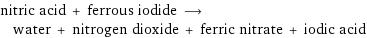 nitric acid + ferrous iodide ⟶ water + nitrogen dioxide + ferric nitrate + iodic acid