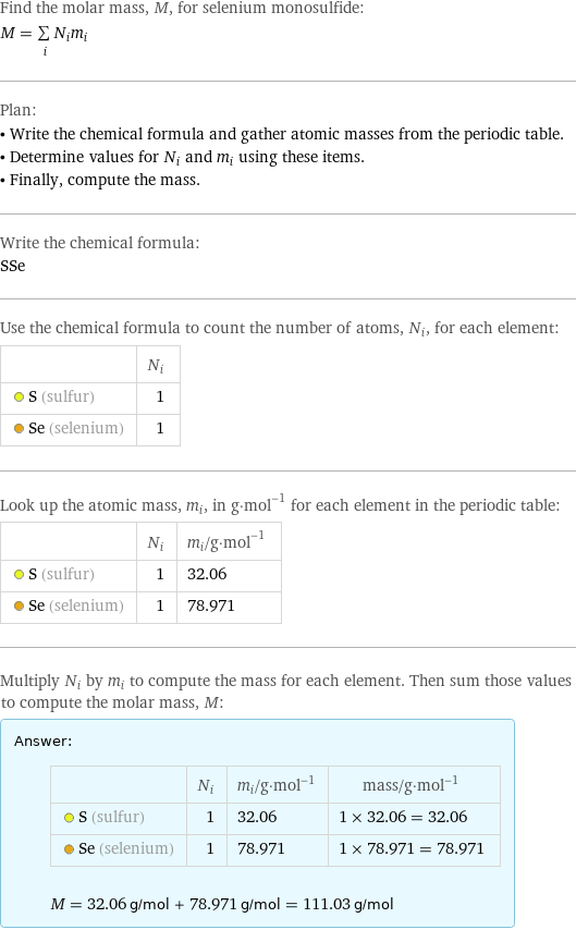 Find the molar mass, M, for selenium monosulfide: M = sum _iN_im_i Plan: • Write the chemical formula and gather atomic masses from the periodic table. • Determine values for N_i and m_i using these items. • Finally, compute the mass. Write the chemical formula: SSe Use the chemical formula to count the number of atoms, N_i, for each element:  | N_i  S (sulfur) | 1  Se (selenium) | 1 Look up the atomic mass, m_i, in g·mol^(-1) for each element in the periodic table:  | N_i | m_i/g·mol^(-1)  S (sulfur) | 1 | 32.06  Se (selenium) | 1 | 78.971 Multiply N_i by m_i to compute the mass for each element. Then sum those values to compute the molar mass, M: Answer: |   | | N_i | m_i/g·mol^(-1) | mass/g·mol^(-1)  S (sulfur) | 1 | 32.06 | 1 × 32.06 = 32.06  Se (selenium) | 1 | 78.971 | 1 × 78.971 = 78.971  M = 32.06 g/mol + 78.971 g/mol = 111.03 g/mol