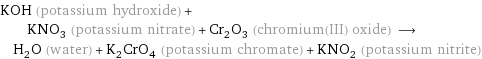 KOH (potassium hydroxide) + KNO_3 (potassium nitrate) + Cr_2O_3 (chromium(III) oxide) ⟶ H_2O (water) + K_2CrO_4 (potassium chromate) + KNO_2 (potassium nitrite)