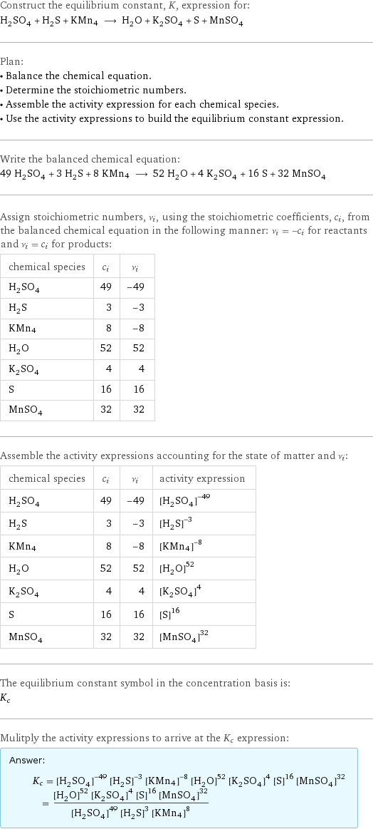 Construct the equilibrium constant, K, expression for: H_2SO_4 + H_2S + KMn4 ⟶ H_2O + K_2SO_4 + S + MnSO_4 Plan: • Balance the chemical equation. • Determine the stoichiometric numbers. • Assemble the activity expression for each chemical species. • Use the activity expressions to build the equilibrium constant expression. Write the balanced chemical equation: 49 H_2SO_4 + 3 H_2S + 8 KMn4 ⟶ 52 H_2O + 4 K_2SO_4 + 16 S + 32 MnSO_4 Assign stoichiometric numbers, ν_i, using the stoichiometric coefficients, c_i, from the balanced chemical equation in the following manner: ν_i = -c_i for reactants and ν_i = c_i for products: chemical species | c_i | ν_i H_2SO_4 | 49 | -49 H_2S | 3 | -3 KMn4 | 8 | -8 H_2O | 52 | 52 K_2SO_4 | 4 | 4 S | 16 | 16 MnSO_4 | 32 | 32 Assemble the activity expressions accounting for the state of matter and ν_i: chemical species | c_i | ν_i | activity expression H_2SO_4 | 49 | -49 | ([H2SO4])^(-49) H_2S | 3 | -3 | ([H2S])^(-3) KMn4 | 8 | -8 | ([KMn4])^(-8) H_2O | 52 | 52 | ([H2O])^52 K_2SO_4 | 4 | 4 | ([K2SO4])^4 S | 16 | 16 | ([S])^16 MnSO_4 | 32 | 32 | ([MnSO4])^32 The equilibrium constant symbol in the concentration basis is: K_c Mulitply the activity expressions to arrive at the K_c expression: Answer: |   | K_c = ([H2SO4])^(-49) ([H2S])^(-3) ([KMn4])^(-8) ([H2O])^52 ([K2SO4])^4 ([S])^16 ([MnSO4])^32 = (([H2O])^52 ([K2SO4])^4 ([S])^16 ([MnSO4])^32)/(([H2SO4])^49 ([H2S])^3 ([KMn4])^8)