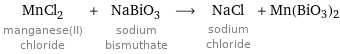 MnCl_2 manganese(II) chloride + NaBiO_3 sodium bismuthate ⟶ NaCl sodium chloride + Mn(BiO3)2