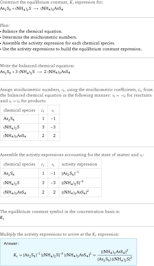 Construct the equilibrium constant, K, expression for: As_2S_5 + (NH_4)_2S ⟶ (NH4)3AsS4 Plan: • Balance the chemical equation. • Determine the stoichiometric numbers. • Assemble the activity expression for each chemical species. • Use the activity expressions to build the equilibrium constant expression. Write the balanced chemical equation: As_2S_5 + 3 (NH_4)_2S ⟶ 2 (NH4)3AsS4 Assign stoichiometric numbers, ν_i, using the stoichiometric coefficients, c_i, from the balanced chemical equation in the following manner: ν_i = -c_i for reactants and ν_i = c_i for products: chemical species | c_i | ν_i As_2S_5 | 1 | -1 (NH_4)_2S | 3 | -3 (NH4)3AsS4 | 2 | 2 Assemble the activity expressions accounting for the state of matter and ν_i: chemical species | c_i | ν_i | activity expression As_2S_5 | 1 | -1 | ([As2S5])^(-1) (NH_4)_2S | 3 | -3 | ([(NH4)2S])^(-3) (NH4)3AsS4 | 2 | 2 | ([(NH4)3AsS4])^2 The equilibrium constant symbol in the concentration basis is: K_c Mulitply the activity expressions to arrive at the K_c expression: Answer: |   | K_c = ([As2S5])^(-1) ([(NH4)2S])^(-3) ([(NH4)3AsS4])^2 = ([(NH4)3AsS4])^2/([As2S5] ([(NH4)2S])^3)