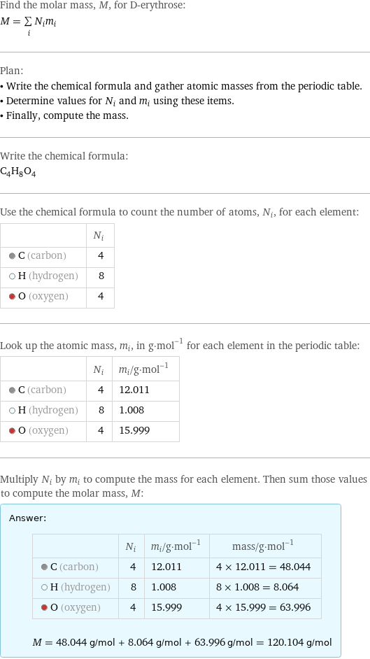 Find the molar mass, M, for D-erythrose: M = sum _iN_im_i Plan: • Write the chemical formula and gather atomic masses from the periodic table. • Determine values for N_i and m_i using these items. • Finally, compute the mass. Write the chemical formula: C_4H_8O_4 Use the chemical formula to count the number of atoms, N_i, for each element:  | N_i  C (carbon) | 4  H (hydrogen) | 8  O (oxygen) | 4 Look up the atomic mass, m_i, in g·mol^(-1) for each element in the periodic table:  | N_i | m_i/g·mol^(-1)  C (carbon) | 4 | 12.011  H (hydrogen) | 8 | 1.008  O (oxygen) | 4 | 15.999 Multiply N_i by m_i to compute the mass for each element. Then sum those values to compute the molar mass, M: Answer: |   | | N_i | m_i/g·mol^(-1) | mass/g·mol^(-1)  C (carbon) | 4 | 12.011 | 4 × 12.011 = 48.044  H (hydrogen) | 8 | 1.008 | 8 × 1.008 = 8.064  O (oxygen) | 4 | 15.999 | 4 × 15.999 = 63.996  M = 48.044 g/mol + 8.064 g/mol + 63.996 g/mol = 120.104 g/mol