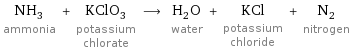 NH_3 ammonia + KClO_3 potassium chlorate ⟶ H_2O water + KCl potassium chloride + N_2 nitrogen