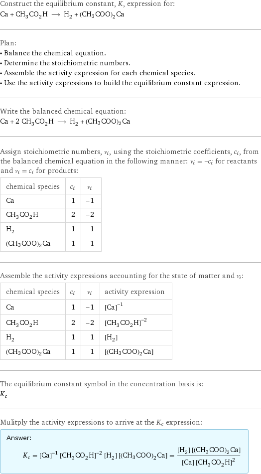 Construct the equilibrium constant, K, expression for: Ca + CH_3CO_2H ⟶ H_2 + (CH3COO)2Ca Plan: • Balance the chemical equation. • Determine the stoichiometric numbers. • Assemble the activity expression for each chemical species. • Use the activity expressions to build the equilibrium constant expression. Write the balanced chemical equation: Ca + 2 CH_3CO_2H ⟶ H_2 + (CH3COO)2Ca Assign stoichiometric numbers, ν_i, using the stoichiometric coefficients, c_i, from the balanced chemical equation in the following manner: ν_i = -c_i for reactants and ν_i = c_i for products: chemical species | c_i | ν_i Ca | 1 | -1 CH_3CO_2H | 2 | -2 H_2 | 1 | 1 (CH3COO)2Ca | 1 | 1 Assemble the activity expressions accounting for the state of matter and ν_i: chemical species | c_i | ν_i | activity expression Ca | 1 | -1 | ([Ca])^(-1) CH_3CO_2H | 2 | -2 | ([CH3CO2H])^(-2) H_2 | 1 | 1 | [H2] (CH3COO)2Ca | 1 | 1 | [(CH3COO)2Ca] The equilibrium constant symbol in the concentration basis is: K_c Mulitply the activity expressions to arrive at the K_c expression: Answer: |   | K_c = ([Ca])^(-1) ([CH3CO2H])^(-2) [H2] [(CH3COO)2Ca] = ([H2] [(CH3COO)2Ca])/([Ca] ([CH3CO2H])^2)