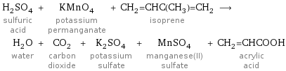 H_2SO_4 sulfuric acid + KMnO_4 potassium permanganate + CH_2=CHC(CH_3)=CH_2 isoprene ⟶ H_2O water + CO_2 carbon dioxide + K_2SO_4 potassium sulfate + MnSO_4 manganese(II) sulfate + CH_2=CHCOOH acrylic acid