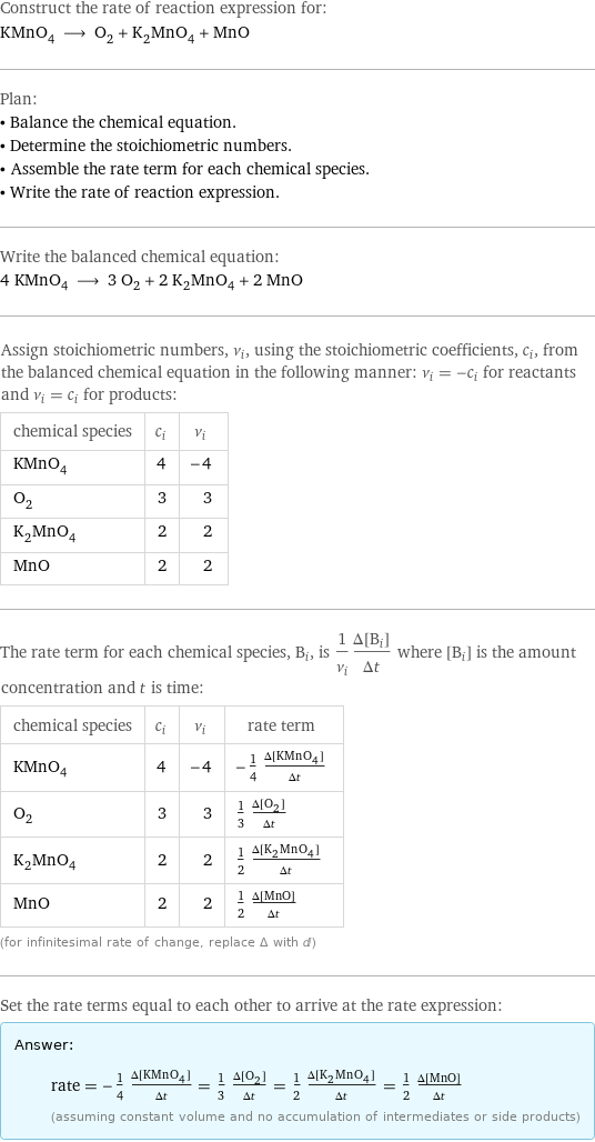 Construct the rate of reaction expression for: KMnO_4 ⟶ O_2 + K_2MnO_4 + MnO Plan: • Balance the chemical equation. • Determine the stoichiometric numbers. • Assemble the rate term for each chemical species. • Write the rate of reaction expression. Write the balanced chemical equation: 4 KMnO_4 ⟶ 3 O_2 + 2 K_2MnO_4 + 2 MnO Assign stoichiometric numbers, ν_i, using the stoichiometric coefficients, c_i, from the balanced chemical equation in the following manner: ν_i = -c_i for reactants and ν_i = c_i for products: chemical species | c_i | ν_i KMnO_4 | 4 | -4 O_2 | 3 | 3 K_2MnO_4 | 2 | 2 MnO | 2 | 2 The rate term for each chemical species, B_i, is 1/ν_i(Δ[B_i])/(Δt) where [B_i] is the amount concentration and t is time: chemical species | c_i | ν_i | rate term KMnO_4 | 4 | -4 | -1/4 (Δ[KMnO4])/(Δt) O_2 | 3 | 3 | 1/3 (Δ[O2])/(Δt) K_2MnO_4 | 2 | 2 | 1/2 (Δ[K2MnO4])/(Δt) MnO | 2 | 2 | 1/2 (Δ[MnO])/(Δt) (for infinitesimal rate of change, replace Δ with d) Set the rate terms equal to each other to arrive at the rate expression: Answer: |   | rate = -1/4 (Δ[KMnO4])/(Δt) = 1/3 (Δ[O2])/(Δt) = 1/2 (Δ[K2MnO4])/(Δt) = 1/2 (Δ[MnO])/(Δt) (assuming constant volume and no accumulation of intermediates or side products)