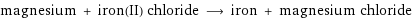 magnesium + iron(II) chloride ⟶ iron + magnesium chloride