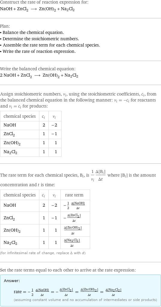 Construct the rate of reaction expression for: NaOH + ZnCl_2 ⟶ Zn(OH)_2 + Na2Cl2 Plan: • Balance the chemical equation. • Determine the stoichiometric numbers. • Assemble the rate term for each chemical species. • Write the rate of reaction expression. Write the balanced chemical equation: 2 NaOH + ZnCl_2 ⟶ Zn(OH)_2 + Na2Cl2 Assign stoichiometric numbers, ν_i, using the stoichiometric coefficients, c_i, from the balanced chemical equation in the following manner: ν_i = -c_i for reactants and ν_i = c_i for products: chemical species | c_i | ν_i NaOH | 2 | -2 ZnCl_2 | 1 | -1 Zn(OH)_2 | 1 | 1 Na2Cl2 | 1 | 1 The rate term for each chemical species, B_i, is 1/ν_i(Δ[B_i])/(Δt) where [B_i] is the amount concentration and t is time: chemical species | c_i | ν_i | rate term NaOH | 2 | -2 | -1/2 (Δ[NaOH])/(Δt) ZnCl_2 | 1 | -1 | -(Δ[ZnCl2])/(Δt) Zn(OH)_2 | 1 | 1 | (Δ[Zn(OH)2])/(Δt) Na2Cl2 | 1 | 1 | (Δ[Na2Cl2])/(Δt) (for infinitesimal rate of change, replace Δ with d) Set the rate terms equal to each other to arrive at the rate expression: Answer: |   | rate = -1/2 (Δ[NaOH])/(Δt) = -(Δ[ZnCl2])/(Δt) = (Δ[Zn(OH)2])/(Δt) = (Δ[Na2Cl2])/(Δt) (assuming constant volume and no accumulation of intermediates or side products)