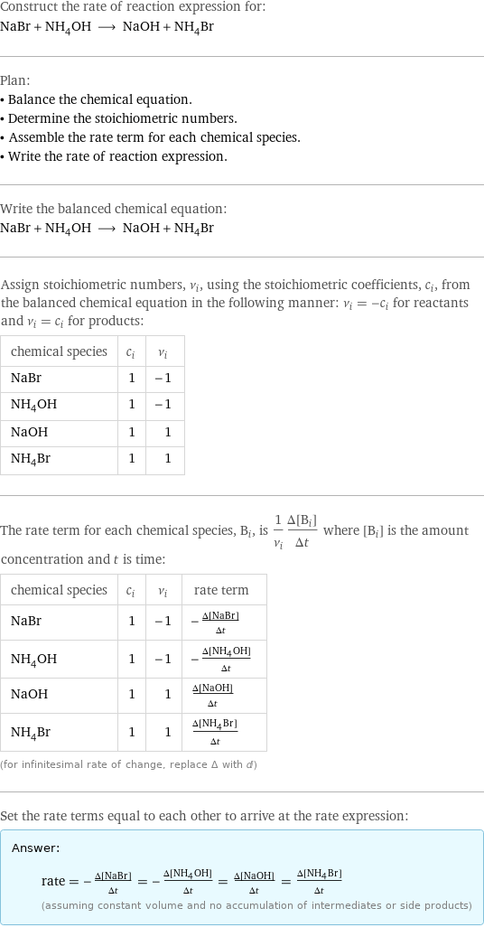 Construct the rate of reaction expression for: NaBr + NH_4OH ⟶ NaOH + NH_4Br Plan: • Balance the chemical equation. • Determine the stoichiometric numbers. • Assemble the rate term for each chemical species. • Write the rate of reaction expression. Write the balanced chemical equation: NaBr + NH_4OH ⟶ NaOH + NH_4Br Assign stoichiometric numbers, ν_i, using the stoichiometric coefficients, c_i, from the balanced chemical equation in the following manner: ν_i = -c_i for reactants and ν_i = c_i for products: chemical species | c_i | ν_i NaBr | 1 | -1 NH_4OH | 1 | -1 NaOH | 1 | 1 NH_4Br | 1 | 1 The rate term for each chemical species, B_i, is 1/ν_i(Δ[B_i])/(Δt) where [B_i] is the amount concentration and t is time: chemical species | c_i | ν_i | rate term NaBr | 1 | -1 | -(Δ[NaBr])/(Δt) NH_4OH | 1 | -1 | -(Δ[NH4OH])/(Δt) NaOH | 1 | 1 | (Δ[NaOH])/(Δt) NH_4Br | 1 | 1 | (Δ[NH4Br])/(Δt) (for infinitesimal rate of change, replace Δ with d) Set the rate terms equal to each other to arrive at the rate expression: Answer: |   | rate = -(Δ[NaBr])/(Δt) = -(Δ[NH4OH])/(Δt) = (Δ[NaOH])/(Δt) = (Δ[NH4Br])/(Δt) (assuming constant volume and no accumulation of intermediates or side products)