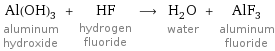 Al(OH)_3 aluminum hydroxide + HF hydrogen fluoride ⟶ H_2O water + AlF_3 aluminum fluoride