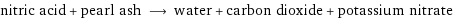 nitric acid + pearl ash ⟶ water + carbon dioxide + potassium nitrate