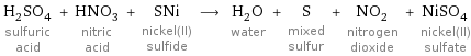 H_2SO_4 sulfuric acid + HNO_3 nitric acid + SNi nickel(II) sulfide ⟶ H_2O water + S mixed sulfur + NO_2 nitrogen dioxide + NiSO_4 nickel(II) sulfate