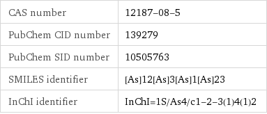 CAS number | 12187-08-5 PubChem CID number | 139279 PubChem SID number | 10505763 SMILES identifier | [As]12[As]3[As]1[As]23 InChI identifier | InChI=1S/As4/c1-2-3(1)4(1)2