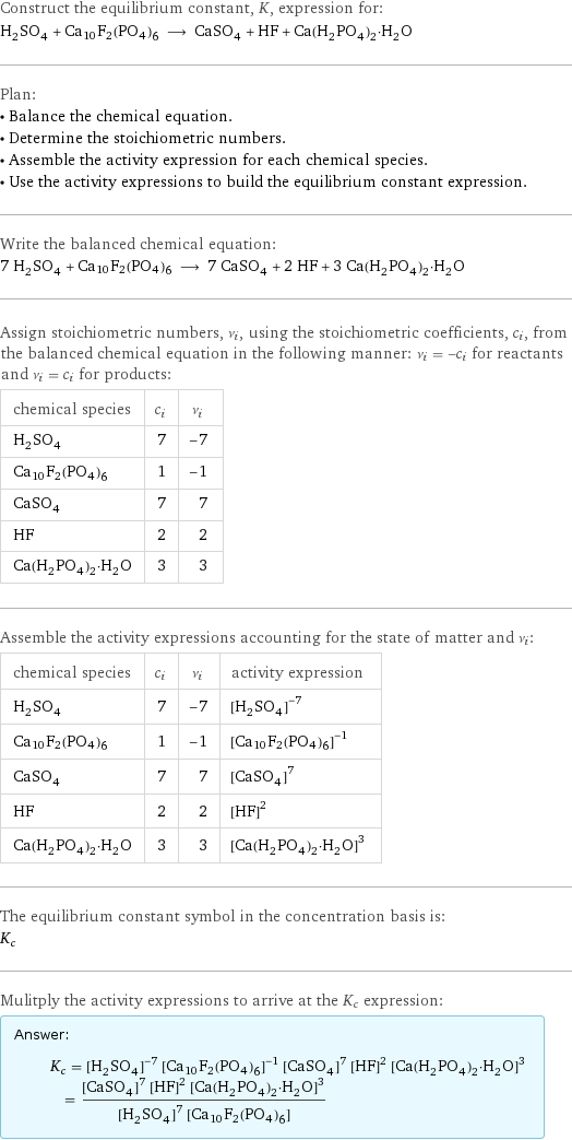 Construct the equilibrium constant, K, expression for: H_2SO_4 + Ca10F2(PO4)6 ⟶ CaSO_4 + HF + Ca(H_2PO_4)_2·H_2O Plan: • Balance the chemical equation. • Determine the stoichiometric numbers. • Assemble the activity expression for each chemical species. • Use the activity expressions to build the equilibrium constant expression. Write the balanced chemical equation: 7 H_2SO_4 + Ca10F2(PO4)6 ⟶ 7 CaSO_4 + 2 HF + 3 Ca(H_2PO_4)_2·H_2O Assign stoichiometric numbers, ν_i, using the stoichiometric coefficients, c_i, from the balanced chemical equation in the following manner: ν_i = -c_i for reactants and ν_i = c_i for products: chemical species | c_i | ν_i H_2SO_4 | 7 | -7 Ca10F2(PO4)6 | 1 | -1 CaSO_4 | 7 | 7 HF | 2 | 2 Ca(H_2PO_4)_2·H_2O | 3 | 3 Assemble the activity expressions accounting for the state of matter and ν_i: chemical species | c_i | ν_i | activity expression H_2SO_4 | 7 | -7 | ([H2SO4])^(-7) Ca10F2(PO4)6 | 1 | -1 | ([Ca10F2(PO4)6])^(-1) CaSO_4 | 7 | 7 | ([CaSO4])^7 HF | 2 | 2 | ([HF])^2 Ca(H_2PO_4)_2·H_2O | 3 | 3 | ([Ca(H2PO4)2·H2O])^3 The equilibrium constant symbol in the concentration basis is: K_c Mulitply the activity expressions to arrive at the K_c expression: Answer: |   | K_c = ([H2SO4])^(-7) ([Ca10F2(PO4)6])^(-1) ([CaSO4])^7 ([HF])^2 ([Ca(H2PO4)2·H2O])^3 = (([CaSO4])^7 ([HF])^2 ([Ca(H2PO4)2·H2O])^3)/(([H2SO4])^7 [Ca10F2(PO4)6])