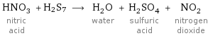 HNO_3 nitric acid + H2S7 ⟶ H_2O water + H_2SO_4 sulfuric acid + NO_2 nitrogen dioxide