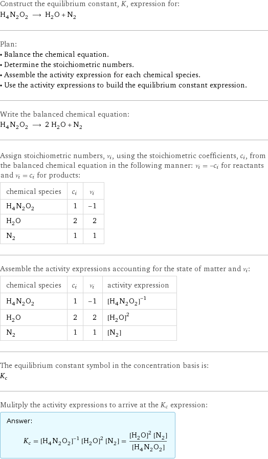 Construct the equilibrium constant, K, expression for: H_4N_2O_2 ⟶ H_2O + N_2 Plan: • Balance the chemical equation. • Determine the stoichiometric numbers. • Assemble the activity expression for each chemical species. • Use the activity expressions to build the equilibrium constant expression. Write the balanced chemical equation: H_4N_2O_2 ⟶ 2 H_2O + N_2 Assign stoichiometric numbers, ν_i, using the stoichiometric coefficients, c_i, from the balanced chemical equation in the following manner: ν_i = -c_i for reactants and ν_i = c_i for products: chemical species | c_i | ν_i H_4N_2O_2 | 1 | -1 H_2O | 2 | 2 N_2 | 1 | 1 Assemble the activity expressions accounting for the state of matter and ν_i: chemical species | c_i | ν_i | activity expression H_4N_2O_2 | 1 | -1 | ([H4N2O2])^(-1) H_2O | 2 | 2 | ([H2O])^2 N_2 | 1 | 1 | [N2] The equilibrium constant symbol in the concentration basis is: K_c Mulitply the activity expressions to arrive at the K_c expression: Answer: |   | K_c = ([H4N2O2])^(-1) ([H2O])^2 [N2] = (([H2O])^2 [N2])/([H4N2O2])