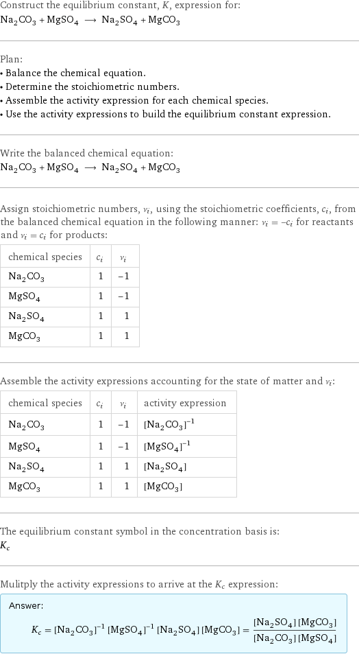 Construct the equilibrium constant, K, expression for: Na_2CO_3 + MgSO_4 ⟶ Na_2SO_4 + MgCO_3 Plan: • Balance the chemical equation. • Determine the stoichiometric numbers. • Assemble the activity expression for each chemical species. • Use the activity expressions to build the equilibrium constant expression. Write the balanced chemical equation: Na_2CO_3 + MgSO_4 ⟶ Na_2SO_4 + MgCO_3 Assign stoichiometric numbers, ν_i, using the stoichiometric coefficients, c_i, from the balanced chemical equation in the following manner: ν_i = -c_i for reactants and ν_i = c_i for products: chemical species | c_i | ν_i Na_2CO_3 | 1 | -1 MgSO_4 | 1 | -1 Na_2SO_4 | 1 | 1 MgCO_3 | 1 | 1 Assemble the activity expressions accounting for the state of matter and ν_i: chemical species | c_i | ν_i | activity expression Na_2CO_3 | 1 | -1 | ([Na2CO3])^(-1) MgSO_4 | 1 | -1 | ([MgSO4])^(-1) Na_2SO_4 | 1 | 1 | [Na2SO4] MgCO_3 | 1 | 1 | [MgCO3] The equilibrium constant symbol in the concentration basis is: K_c Mulitply the activity expressions to arrive at the K_c expression: Answer: |   | K_c = ([Na2CO3])^(-1) ([MgSO4])^(-1) [Na2SO4] [MgCO3] = ([Na2SO4] [MgCO3])/([Na2CO3] [MgSO4])