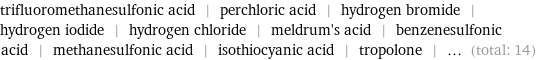 trifluoromethanesulfonic acid | perchloric acid | hydrogen bromide | hydrogen iodide | hydrogen chloride | meldrum's acid | benzenesulfonic acid | methanesulfonic acid | isothiocyanic acid | tropolone | ... (total: 14)