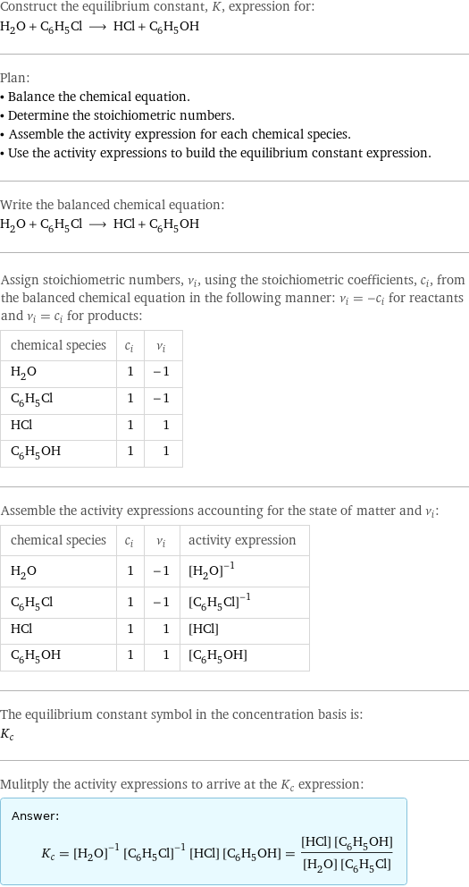 Construct the equilibrium constant, K, expression for: H_2O + C_6H_5Cl ⟶ HCl + C_6H_5OH Plan: • Balance the chemical equation. • Determine the stoichiometric numbers. • Assemble the activity expression for each chemical species. • Use the activity expressions to build the equilibrium constant expression. Write the balanced chemical equation: H_2O + C_6H_5Cl ⟶ HCl + C_6H_5OH Assign stoichiometric numbers, ν_i, using the stoichiometric coefficients, c_i, from the balanced chemical equation in the following manner: ν_i = -c_i for reactants and ν_i = c_i for products: chemical species | c_i | ν_i H_2O | 1 | -1 C_6H_5Cl | 1 | -1 HCl | 1 | 1 C_6H_5OH | 1 | 1 Assemble the activity expressions accounting for the state of matter and ν_i: chemical species | c_i | ν_i | activity expression H_2O | 1 | -1 | ([H2O])^(-1) C_6H_5Cl | 1 | -1 | ([C6H5Cl])^(-1) HCl | 1 | 1 | [HCl] C_6H_5OH | 1 | 1 | [C6H5OH] The equilibrium constant symbol in the concentration basis is: K_c Mulitply the activity expressions to arrive at the K_c expression: Answer: |   | K_c = ([H2O])^(-1) ([C6H5Cl])^(-1) [HCl] [C6H5OH] = ([HCl] [C6H5OH])/([H2O] [C6H5Cl])