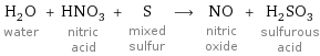 H_2O water + HNO_3 nitric acid + S mixed sulfur ⟶ NO nitric oxide + H_2SO_3 sulfurous acid