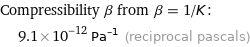 Compressibility β from β = 1/K:  | 9.1×10^-12 Pa^(-1) (reciprocal pascals)