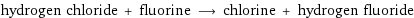 hydrogen chloride + fluorine ⟶ chlorine + hydrogen fluoride