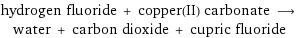 hydrogen fluoride + copper(II) carbonate ⟶ water + carbon dioxide + cupric fluoride