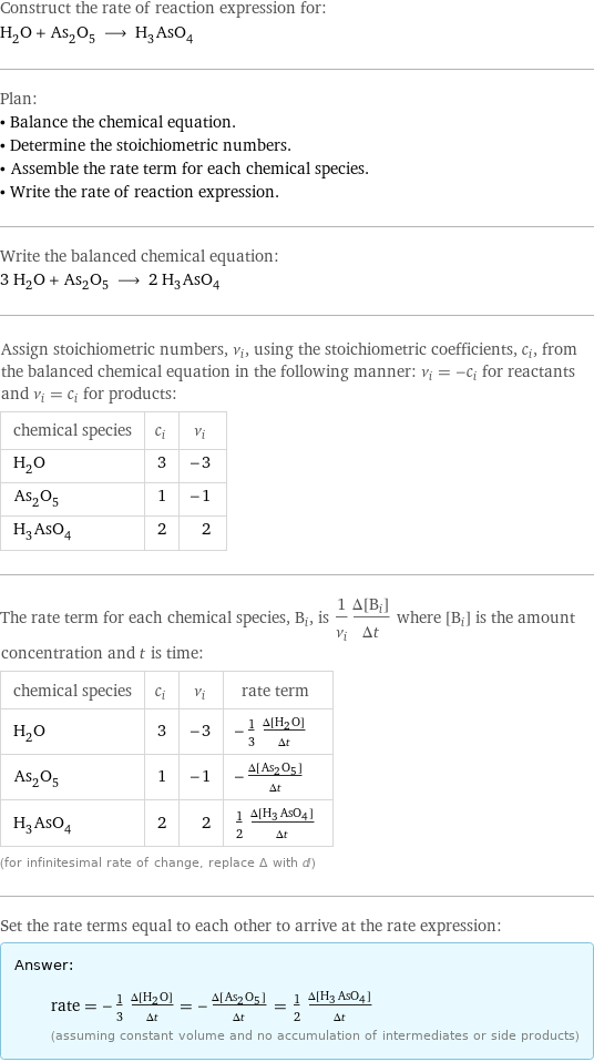 Construct the rate of reaction expression for: H_2O + As_2O_5 ⟶ H_3AsO_4 Plan: • Balance the chemical equation. • Determine the stoichiometric numbers. • Assemble the rate term for each chemical species. • Write the rate of reaction expression. Write the balanced chemical equation: 3 H_2O + As_2O_5 ⟶ 2 H_3AsO_4 Assign stoichiometric numbers, ν_i, using the stoichiometric coefficients, c_i, from the balanced chemical equation in the following manner: ν_i = -c_i for reactants and ν_i = c_i for products: chemical species | c_i | ν_i H_2O | 3 | -3 As_2O_5 | 1 | -1 H_3AsO_4 | 2 | 2 The rate term for each chemical species, B_i, is 1/ν_i(Δ[B_i])/(Δt) where [B_i] is the amount concentration and t is time: chemical species | c_i | ν_i | rate term H_2O | 3 | -3 | -1/3 (Δ[H2O])/(Δt) As_2O_5 | 1 | -1 | -(Δ[As2O5])/(Δt) H_3AsO_4 | 2 | 2 | 1/2 (Δ[H3AsO4])/(Δt) (for infinitesimal rate of change, replace Δ with d) Set the rate terms equal to each other to arrive at the rate expression: Answer: |   | rate = -1/3 (Δ[H2O])/(Δt) = -(Δ[As2O5])/(Δt) = 1/2 (Δ[H3AsO4])/(Δt) (assuming constant volume and no accumulation of intermediates or side products)