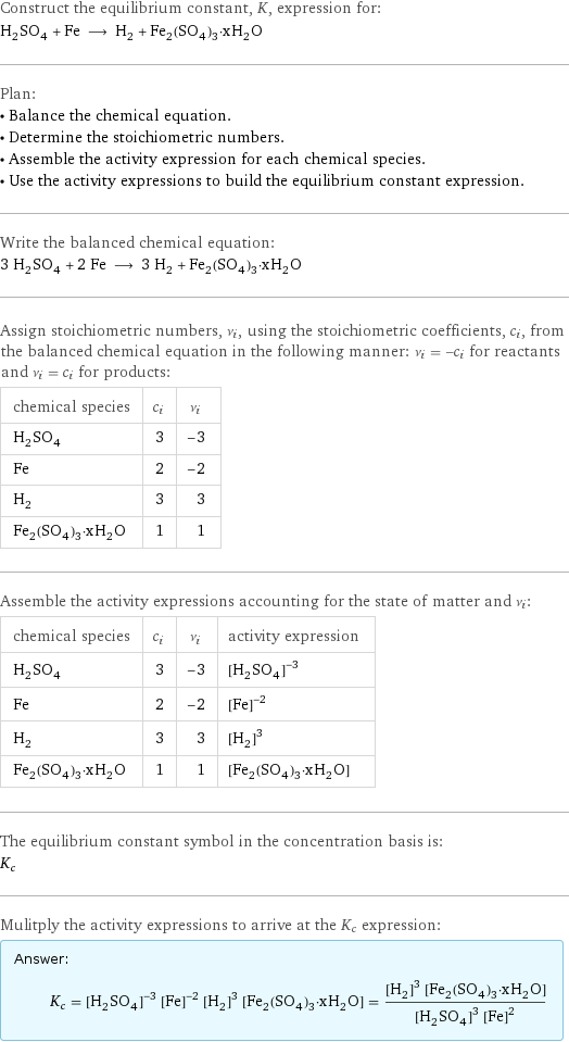 Construct the equilibrium constant, K, expression for: H_2SO_4 + Fe ⟶ H_2 + Fe_2(SO_4)_3·xH_2O Plan: • Balance the chemical equation. • Determine the stoichiometric numbers. • Assemble the activity expression for each chemical species. • Use the activity expressions to build the equilibrium constant expression. Write the balanced chemical equation: 3 H_2SO_4 + 2 Fe ⟶ 3 H_2 + Fe_2(SO_4)_3·xH_2O Assign stoichiometric numbers, ν_i, using the stoichiometric coefficients, c_i, from the balanced chemical equation in the following manner: ν_i = -c_i for reactants and ν_i = c_i for products: chemical species | c_i | ν_i H_2SO_4 | 3 | -3 Fe | 2 | -2 H_2 | 3 | 3 Fe_2(SO_4)_3·xH_2O | 1 | 1 Assemble the activity expressions accounting for the state of matter and ν_i: chemical species | c_i | ν_i | activity expression H_2SO_4 | 3 | -3 | ([H2SO4])^(-3) Fe | 2 | -2 | ([Fe])^(-2) H_2 | 3 | 3 | ([H2])^3 Fe_2(SO_4)_3·xH_2O | 1 | 1 | [Fe2(SO4)3·xH2O] The equilibrium constant symbol in the concentration basis is: K_c Mulitply the activity expressions to arrive at the K_c expression: Answer: |   | K_c = ([H2SO4])^(-3) ([Fe])^(-2) ([H2])^3 [Fe2(SO4)3·xH2O] = (([H2])^3 [Fe2(SO4)3·xH2O])/(([H2SO4])^3 ([Fe])^2)