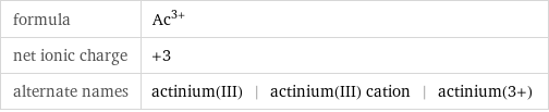 formula | Ac^(3+) net ionic charge | +3 alternate names | actinium(III) | actinium(III) cation | actinium(3+)