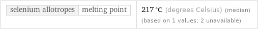 selenium allotropes | melting point | 217 °C (degrees Celsius) (median) (based on 1 values; 2 unavailable)