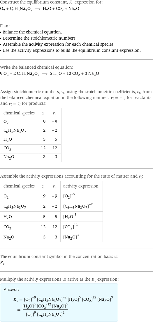 Construct the equilibrium constant, K, expression for: O_2 + C_6H_5Na_3O_7 ⟶ H_2O + CO_2 + Na_2O Plan: • Balance the chemical equation. • Determine the stoichiometric numbers. • Assemble the activity expression for each chemical species. • Use the activity expressions to build the equilibrium constant expression. Write the balanced chemical equation: 9 O_2 + 2 C_6H_5Na_3O_7 ⟶ 5 H_2O + 12 CO_2 + 3 Na_2O Assign stoichiometric numbers, ν_i, using the stoichiometric coefficients, c_i, from the balanced chemical equation in the following manner: ν_i = -c_i for reactants and ν_i = c_i for products: chemical species | c_i | ν_i O_2 | 9 | -9 C_6H_5Na_3O_7 | 2 | -2 H_2O | 5 | 5 CO_2 | 12 | 12 Na_2O | 3 | 3 Assemble the activity expressions accounting for the state of matter and ν_i: chemical species | c_i | ν_i | activity expression O_2 | 9 | -9 | ([O2])^(-9) C_6H_5Na_3O_7 | 2 | -2 | ([C6H5Na3O7])^(-2) H_2O | 5 | 5 | ([H2O])^5 CO_2 | 12 | 12 | ([CO2])^12 Na_2O | 3 | 3 | ([Na2O])^3 The equilibrium constant symbol in the concentration basis is: K_c Mulitply the activity expressions to arrive at the K_c expression: Answer: |   | K_c = ([O2])^(-9) ([C6H5Na3O7])^(-2) ([H2O])^5 ([CO2])^12 ([Na2O])^3 = (([H2O])^5 ([CO2])^12 ([Na2O])^3)/(([O2])^9 ([C6H5Na3O7])^2)