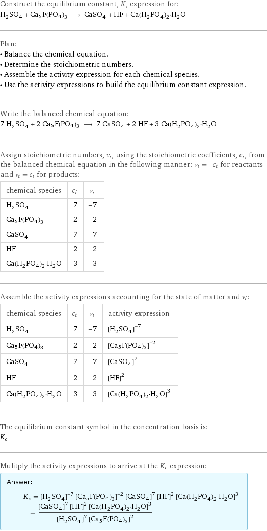 Construct the equilibrium constant, K, expression for: H_2SO_4 + Ca5F(PO4)3 ⟶ CaSO_4 + HF + Ca(H_2PO_4)_2·H_2O Plan: • Balance the chemical equation. • Determine the stoichiometric numbers. • Assemble the activity expression for each chemical species. • Use the activity expressions to build the equilibrium constant expression. Write the balanced chemical equation: 7 H_2SO_4 + 2 Ca5F(PO4)3 ⟶ 7 CaSO_4 + 2 HF + 3 Ca(H_2PO_4)_2·H_2O Assign stoichiometric numbers, ν_i, using the stoichiometric coefficients, c_i, from the balanced chemical equation in the following manner: ν_i = -c_i for reactants and ν_i = c_i for products: chemical species | c_i | ν_i H_2SO_4 | 7 | -7 Ca5F(PO4)3 | 2 | -2 CaSO_4 | 7 | 7 HF | 2 | 2 Ca(H_2PO_4)_2·H_2O | 3 | 3 Assemble the activity expressions accounting for the state of matter and ν_i: chemical species | c_i | ν_i | activity expression H_2SO_4 | 7 | -7 | ([H2SO4])^(-7) Ca5F(PO4)3 | 2 | -2 | ([Ca5F(PO4)3])^(-2) CaSO_4 | 7 | 7 | ([CaSO4])^7 HF | 2 | 2 | ([HF])^2 Ca(H_2PO_4)_2·H_2O | 3 | 3 | ([Ca(H2PO4)2·H2O])^3 The equilibrium constant symbol in the concentration basis is: K_c Mulitply the activity expressions to arrive at the K_c expression: Answer: |   | K_c = ([H2SO4])^(-7) ([Ca5F(PO4)3])^(-2) ([CaSO4])^7 ([HF])^2 ([Ca(H2PO4)2·H2O])^3 = (([CaSO4])^7 ([HF])^2 ([Ca(H2PO4)2·H2O])^3)/(([H2SO4])^7 ([Ca5F(PO4)3])^2)