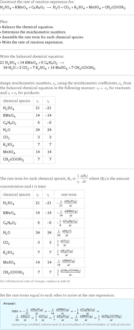 Construct the rate of reaction expression for: H_2SO_4 + KMnO_4 + C4H9O2 ⟶ H_2O + CO_2 + K_2SO_4 + MnSO_4 + CH_2(COOH)_2 Plan: • Balance the chemical equation. • Determine the stoichiometric numbers. • Assemble the rate term for each chemical species. • Write the rate of reaction expression. Write the balanced chemical equation: 21 H_2SO_4 + 14 KMnO_4 + 6 C4H9O2 ⟶ 34 H_2O + 3 CO_2 + 7 K_2SO_4 + 14 MnSO_4 + 7 CH_2(COOH)_2 Assign stoichiometric numbers, ν_i, using the stoichiometric coefficients, c_i, from the balanced chemical equation in the following manner: ν_i = -c_i for reactants and ν_i = c_i for products: chemical species | c_i | ν_i H_2SO_4 | 21 | -21 KMnO_4 | 14 | -14 C4H9O2 | 6 | -6 H_2O | 34 | 34 CO_2 | 3 | 3 K_2SO_4 | 7 | 7 MnSO_4 | 14 | 14 CH_2(COOH)_2 | 7 | 7 The rate term for each chemical species, B_i, is 1/ν_i(Δ[B_i])/(Δt) where [B_i] is the amount concentration and t is time: chemical species | c_i | ν_i | rate term H_2SO_4 | 21 | -21 | -1/21 (Δ[H2SO4])/(Δt) KMnO_4 | 14 | -14 | -1/14 (Δ[KMnO4])/(Δt) C4H9O2 | 6 | -6 | -1/6 (Δ[C4H9O2])/(Δt) H_2O | 34 | 34 | 1/34 (Δ[H2O])/(Δt) CO_2 | 3 | 3 | 1/3 (Δ[CO2])/(Δt) K_2SO_4 | 7 | 7 | 1/7 (Δ[K2SO4])/(Δt) MnSO_4 | 14 | 14 | 1/14 (Δ[MnSO4])/(Δt) CH_2(COOH)_2 | 7 | 7 | 1/7 (Δ[CH2(COOH)2])/(Δt) (for infinitesimal rate of change, replace Δ with d) Set the rate terms equal to each other to arrive at the rate expression: Answer: |   | rate = -1/21 (Δ[H2SO4])/(Δt) = -1/14 (Δ[KMnO4])/(Δt) = -1/6 (Δ[C4H9O2])/(Δt) = 1/34 (Δ[H2O])/(Δt) = 1/3 (Δ[CO2])/(Δt) = 1/7 (Δ[K2SO4])/(Δt) = 1/14 (Δ[MnSO4])/(Δt) = 1/7 (Δ[CH2(COOH)2])/(Δt) (assuming constant volume and no accumulation of intermediates or side products)