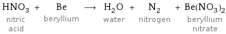 HNO_3 nitric acid + Be beryllium ⟶ H_2O water + N_2 nitrogen + Be(NO_3)_2 beryllium nitrate