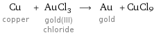 Cu copper + AuCl_3 gold(III) chloride ⟶ Au gold + CuCl9