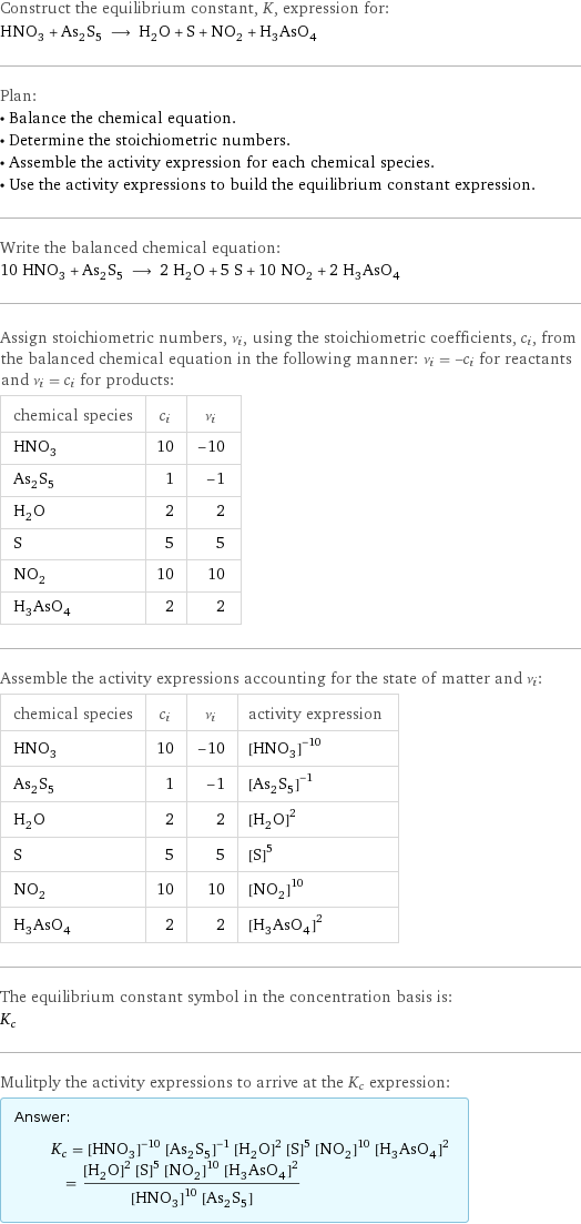 Construct the equilibrium constant, K, expression for: HNO_3 + As_2S_5 ⟶ H_2O + S + NO_2 + H_3AsO_4 Plan: • Balance the chemical equation. • Determine the stoichiometric numbers. • Assemble the activity expression for each chemical species. • Use the activity expressions to build the equilibrium constant expression. Write the balanced chemical equation: 10 HNO_3 + As_2S_5 ⟶ 2 H_2O + 5 S + 10 NO_2 + 2 H_3AsO_4 Assign stoichiometric numbers, ν_i, using the stoichiometric coefficients, c_i, from the balanced chemical equation in the following manner: ν_i = -c_i for reactants and ν_i = c_i for products: chemical species | c_i | ν_i HNO_3 | 10 | -10 As_2S_5 | 1 | -1 H_2O | 2 | 2 S | 5 | 5 NO_2 | 10 | 10 H_3AsO_4 | 2 | 2 Assemble the activity expressions accounting for the state of matter and ν_i: chemical species | c_i | ν_i | activity expression HNO_3 | 10 | -10 | ([HNO3])^(-10) As_2S_5 | 1 | -1 | ([As2S5])^(-1) H_2O | 2 | 2 | ([H2O])^2 S | 5 | 5 | ([S])^5 NO_2 | 10 | 10 | ([NO2])^10 H_3AsO_4 | 2 | 2 | ([H3AsO4])^2 The equilibrium constant symbol in the concentration basis is: K_c Mulitply the activity expressions to arrive at the K_c expression: Answer: |   | K_c = ([HNO3])^(-10) ([As2S5])^(-1) ([H2O])^2 ([S])^5 ([NO2])^10 ([H3AsO4])^2 = (([H2O])^2 ([S])^5 ([NO2])^10 ([H3AsO4])^2)/(([HNO3])^10 [As2S5])