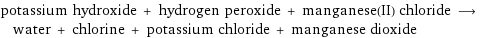 potassium hydroxide + hydrogen peroxide + manganese(II) chloride ⟶ water + chlorine + potassium chloride + manganese dioxide