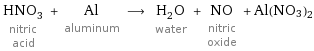 HNO_3 nitric acid + Al aluminum ⟶ H_2O water + NO nitric oxide + Al(NO3)2