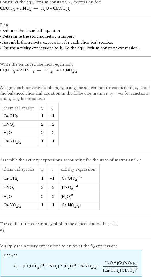 Construct the equilibrium constant, K, expression for: Ca(OH)_2 + HNO_2 ⟶ H_2O + Ca(NO_2)_2 Plan: • Balance the chemical equation. • Determine the stoichiometric numbers. • Assemble the activity expression for each chemical species. • Use the activity expressions to build the equilibrium constant expression. Write the balanced chemical equation: Ca(OH)_2 + 2 HNO_2 ⟶ 2 H_2O + Ca(NO_2)_2 Assign stoichiometric numbers, ν_i, using the stoichiometric coefficients, c_i, from the balanced chemical equation in the following manner: ν_i = -c_i for reactants and ν_i = c_i for products: chemical species | c_i | ν_i Ca(OH)_2 | 1 | -1 HNO_2 | 2 | -2 H_2O | 2 | 2 Ca(NO_2)_2 | 1 | 1 Assemble the activity expressions accounting for the state of matter and ν_i: chemical species | c_i | ν_i | activity expression Ca(OH)_2 | 1 | -1 | ([Ca(OH)2])^(-1) HNO_2 | 2 | -2 | ([HNO2])^(-2) H_2O | 2 | 2 | ([H2O])^2 Ca(NO_2)_2 | 1 | 1 | [Ca(NO2)2] The equilibrium constant symbol in the concentration basis is: K_c Mulitply the activity expressions to arrive at the K_c expression: Answer: |   | K_c = ([Ca(OH)2])^(-1) ([HNO2])^(-2) ([H2O])^2 [Ca(NO2)2] = (([H2O])^2 [Ca(NO2)2])/([Ca(OH)2] ([HNO2])^2)