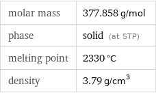 molar mass | 377.858 g/mol phase | solid (at STP) melting point | 2330 °C density | 3.79 g/cm^3