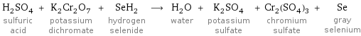 H_2SO_4 sulfuric acid + K_2Cr_2O_7 potassium dichromate + SeH_2 hydrogen selenide ⟶ H_2O water + K_2SO_4 potassium sulfate + Cr_2(SO_4)_3 chromium sulfate + Se gray selenium